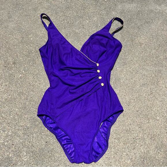 80s Longitude Royal Purple Ruched Faux Button Madonna One Piece Swimsuit 14 TALL - Picture 3 of 8